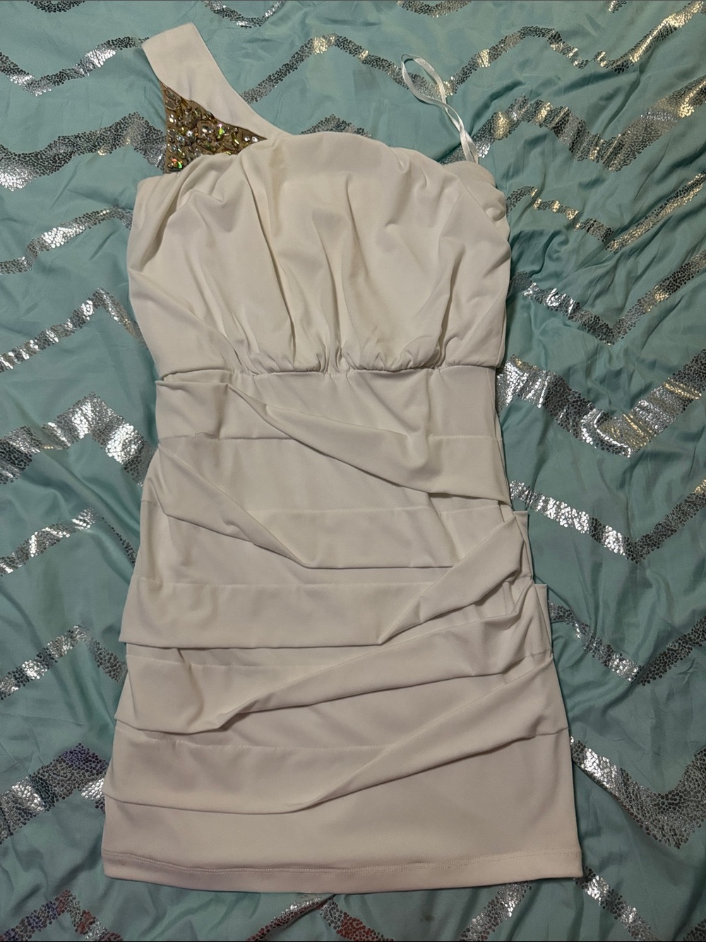 Deb One-Shoulder Ivory Dress with Gold Embellished Accent